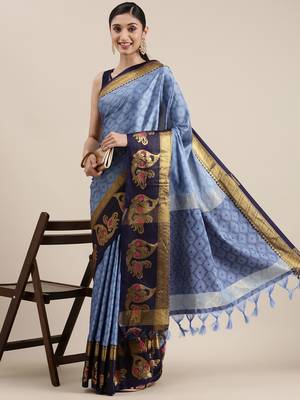 Light Blue Woven Cotton Silk Saree With Blouse 1