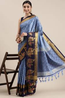 Light Blue Woven Cotton Silk Saree With Blouse