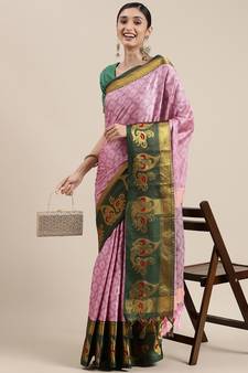 Baby Pink Woven Cotton Silk Saree With Blouse