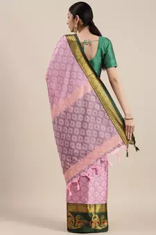 Baby Pink Woven Cotton Silk Saree With Blouse