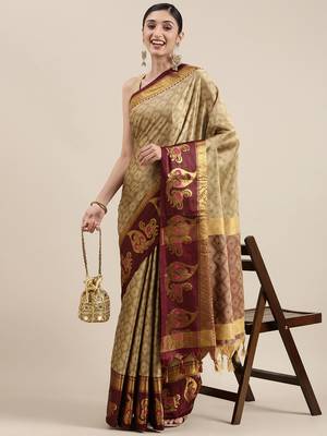 Beige Woven Cotton Silk Saree With Blouse 1