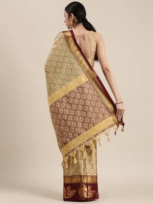 Beige Woven Cotton Silk Saree With Blouse 2