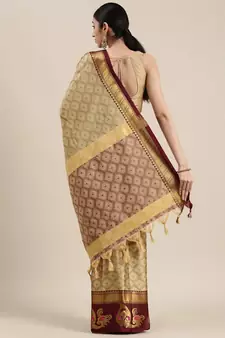 Beige Woven Cotton Silk Saree With Blouse