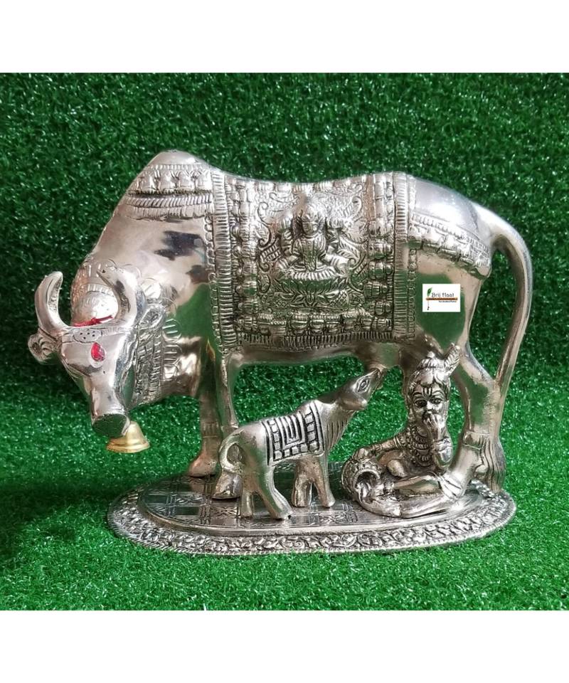 BRIJ HAAT White Metal Kamdhenu Cow and Calf with Gopal Showpiece for Home Decor and Decorative Gift Item Big 17cm Silver