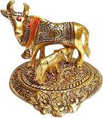 BRIJ HAAT Kamdhenu Cow and Calf Brass Like Metal Showpiece for Home Decoration and Decorative Gift Item (Gold)