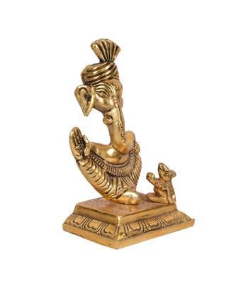 BRIJ HAAT Metal Ganesh face with Mouse Figurine for Home Office Decoration Decor Gift Gold 15cm 3