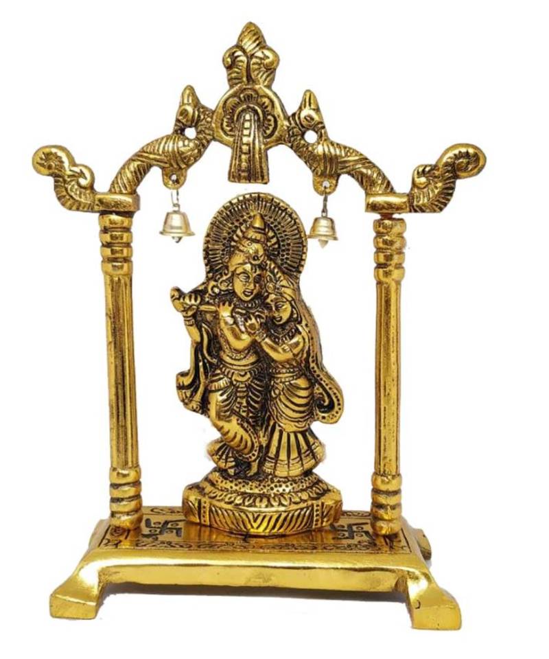 BRIJ HAAT Metal Radha Krishna in Temple Figurine for Home Office Decoration Dcor Gift 19cm Gold