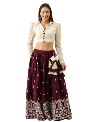 Wine Color Pure Cotton Two Piece Semi Stitched Lehenga Choli  1