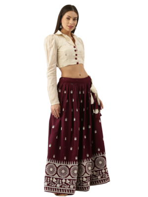 Wine Color Pure Cotton Two Piece Semi Stitched Lehenga Choli  2