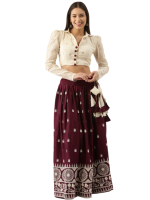 Wine Color Pure Cotton Two Piece Semi Stitched Lehenga Choli  4