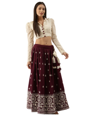 Wine Color Pure Cotton Two Piece Semi Stitched Lehenga Choli  5
