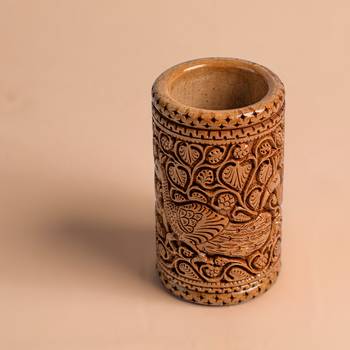 Handmade Cylindrical Wooden Flower Vases Carved Decorative Pots  (5 Inches 2