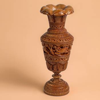 Handmade Large Wooden Flower Vase Decorative Carved Figurine Statue Showpiece  (10 Inches Brown 2