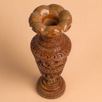 Handmade Large Wooden Flower Vase Decorative Carved Figurine Statue Showpiece  (10 Inches Brown 4