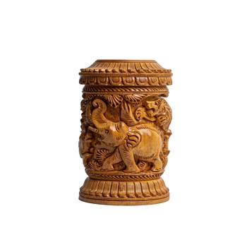 Wooden Cylindrical Flower Vase with Hand Carved Wooden Elephant Figurine Design  Figurine Showpiece (5 Inches Brown 1