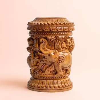 Wooden Cylindrical Flower Vase with Hand Carved Wooden Elephant Figurine Design  Figurine Showpiece (5 Inches Brown 2