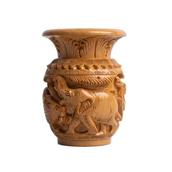 Cylindrical Flower Vase | with Hand Carved Elephant Figurine Design Elephant Figurine Showpiece  (4 Inches Brown 1