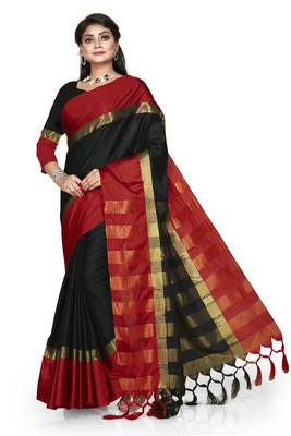 Black plain cotton silk saree with blouse 1