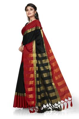 Black plain cotton silk saree with blouse 2