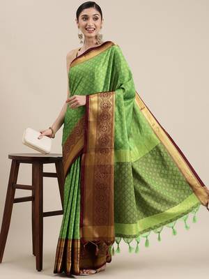 Parrot Green Woven Cotton Silk Saree With Blouse 1