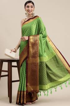Parrot Green Woven Cotton Silk Saree With Blouse
