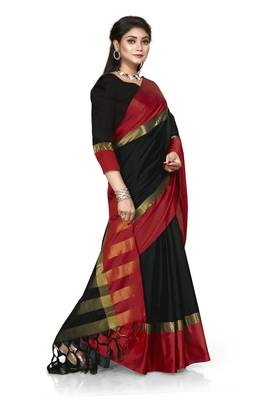 Black plain cotton silk saree with blouse 3