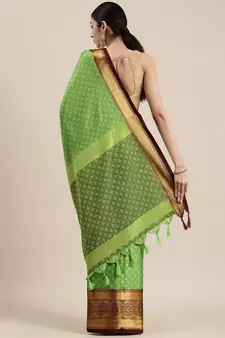 Parrot Green Woven Cotton Silk Saree With Blouse