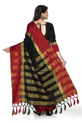 Black plain cotton silk saree with blouse 4