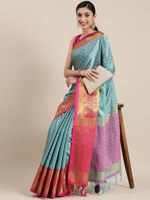 Sky Blue Woven Cotton Silk Saree With Blouse 1