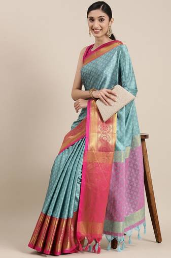 Sky Blue Woven Cotton Silk Saree With Blouse