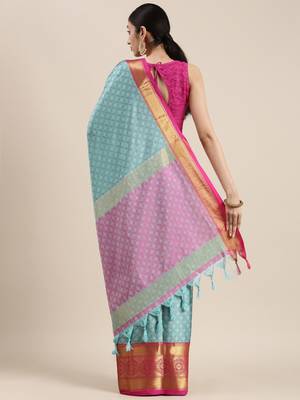 Sky Blue Woven Cotton Silk Saree With Blouse 2