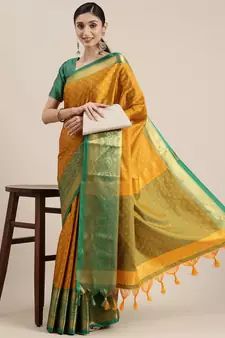 Mustard woven cotton silk saree with blouse