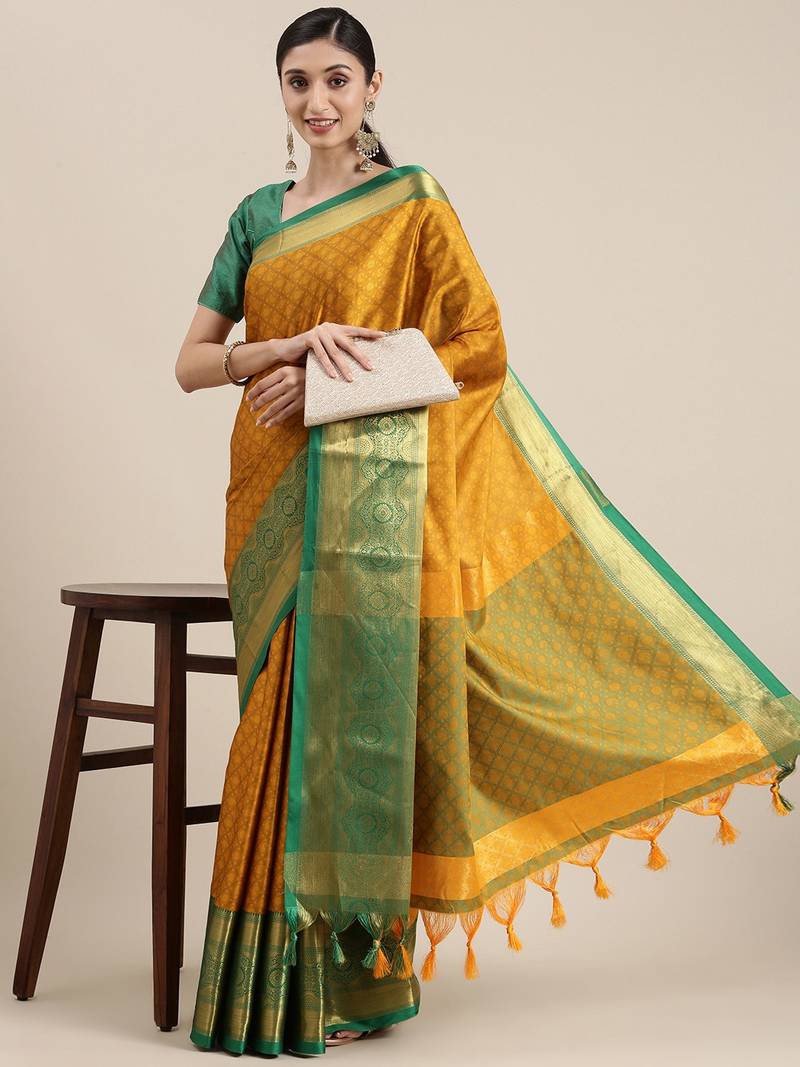 Mustard woven cotton silk saree with blouse