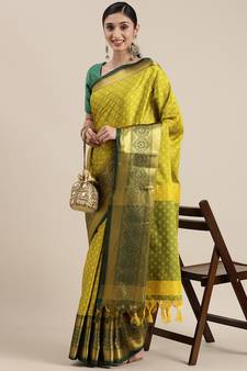 Olive Woven Cotton Silk Saree With Blouse