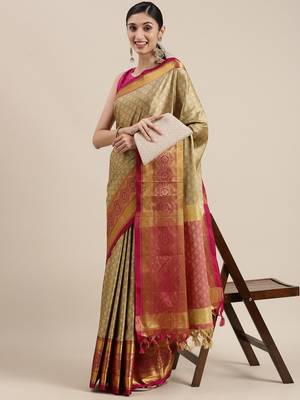 Beige Woven Cotton Silk Saree With Blouse 1