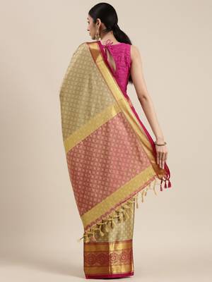 Beige Woven Cotton Silk Saree With Blouse 2