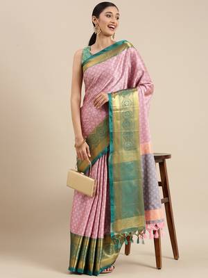 Baby Pink Woven Cotton Silk Saree With Blouse 1