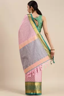 Baby Pink Woven Cotton Silk Saree With Blouse