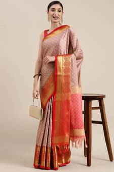 Peach Woven Cotton Silk Saree With Blouse