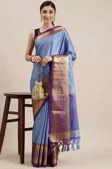 Light Blue Woven Cotton Silk Saree With Blouse