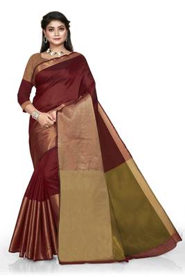 Maroon plain cotton silk saree with blouse 1