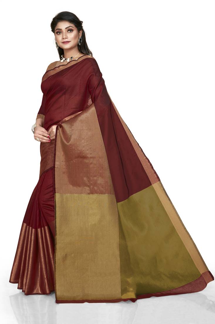 Maroon plain cotton silk saree with blouse