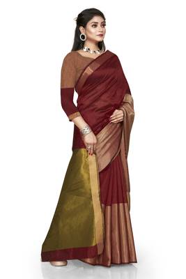 Maroon plain cotton silk saree with blouse 3