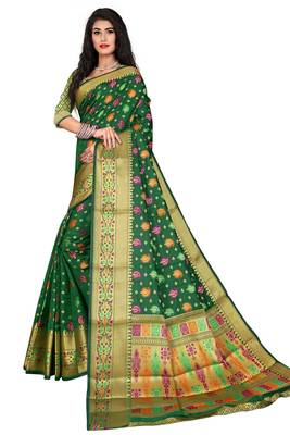 Green woven silk blend saree with blouse 1