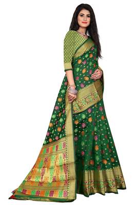 Green woven silk blend saree with blouse 3