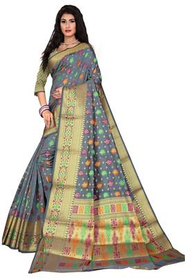 Grey woven silk blend saree with blouse 1