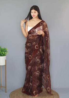 Maroon Color Pure Organza Silk Blend Saree Digital Printed Saree With Beautiful Viscos Thread Work In Saree 1