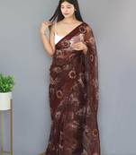 Maroon Color Pure Organza Silk Blend Saree Digital Printed Saree With Beautiful Viscos Thread Work In Saree