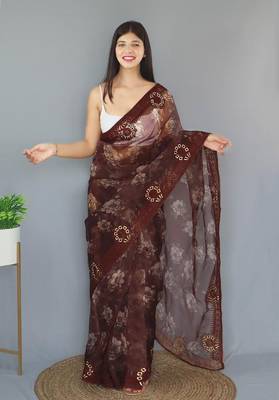 Maroon Color Pure Organza Silk Blend Saree Digital Printed Saree With Beautiful Viscos Thread Work In Saree 3