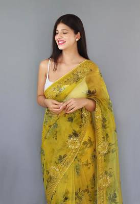  Yellow Color Pure Organza Silk Blend Saree Digital Printed Saree With Beautiful Viscos Thread Work In Saree 1